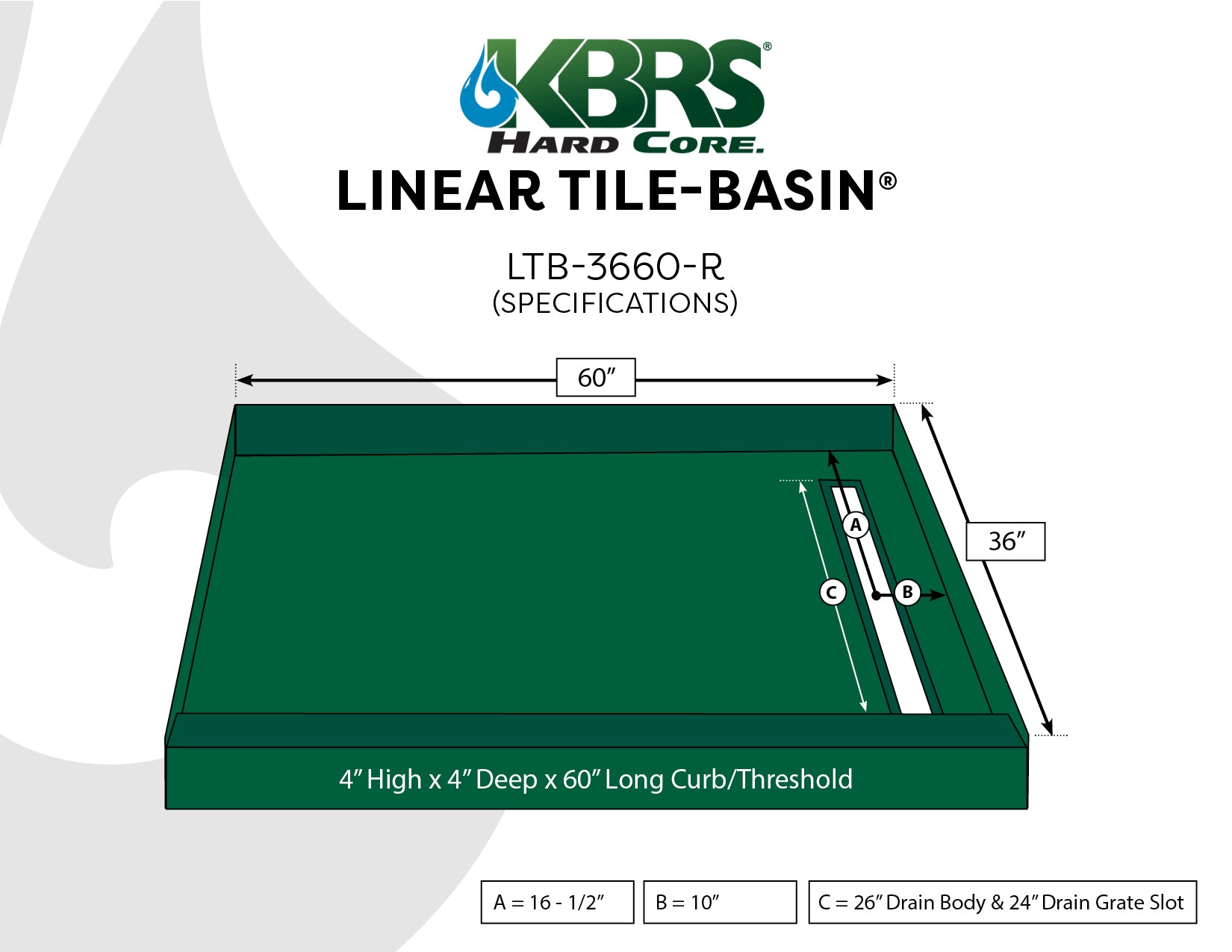 Ready to tile linear shower base 36 x 60 right drain 
