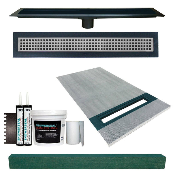 Linear Shower Kit 36” x 60” Right (Stainless Steel Square Style Linear Grate with Drain Body) - KBRS - ShowerBase.com